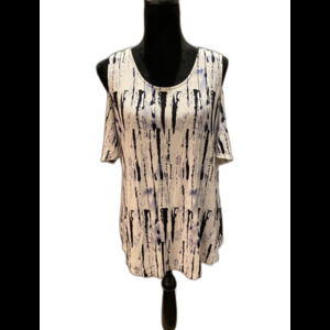 Womens Blouse ? Medium Navy Pattern Top Cold Shoulder + Stretch Short Sleeve